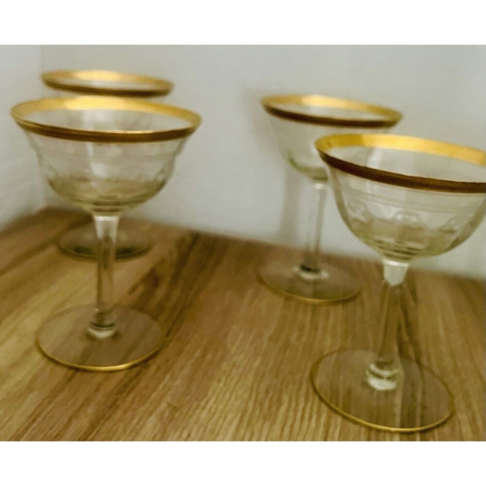 4 Tiffin-Franciscan Champagne/Tall Sherbet Coupes 1930 Gold Rim